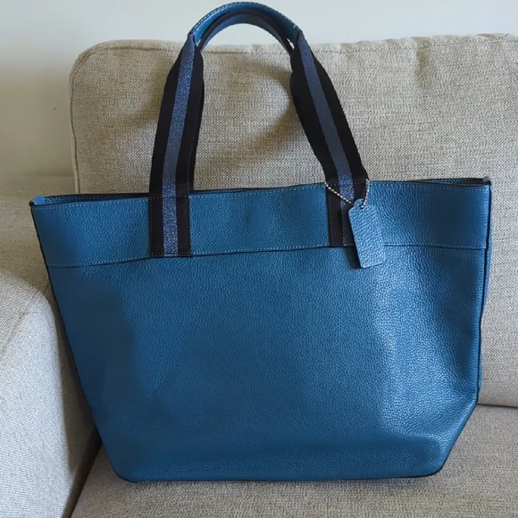 Coach Teal/Blue Pebble Leather Tote with Striped Handles - Picture 2 of 9